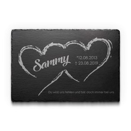 Premium gravestone for dogs and cats made of slate with engraving, memorial plaque dog with beautiful motifs and fused hearts, grave plate for an urn grave of animals, 30 x 20 cm, design yourself