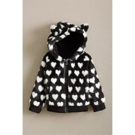 Appaman Girls Toddler Size 4T Soft Hearts Hooded Jacket Black/White Faux Fur