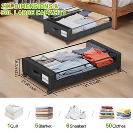 Yeenhoopy Under Bed Storage with Wheels, 2 Pack Under Bed Storage Containers with Clear Lids & Zippers, Under Bed Shoe Storage Organizer, Rolling Underbed Storage for Clothes, Shoes, Blankets (Black)
