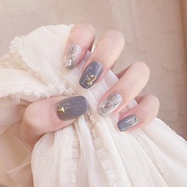 LIGHT RAIN Press on Nails Medium - Andromeda Galaxy, Luxury Reusable Seven Layers Gel UV Finish False Nails, Handmade Nail Art by Professional Manicurist, Medium Square Shape, Medium Size