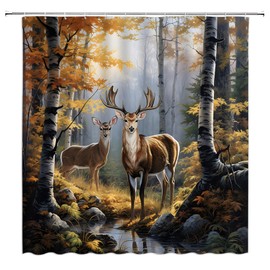 EVRCVAR Deer Forest Shower Curtain Autumn Birch Forest Elk Fall Rustic Farmhouse Cabin Animal Hunting Wildlife Camping Lodge Bathroom Curtain Fabric with Hooks(70" WX70 H)