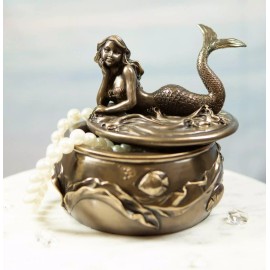 Ebros Beautiful Sunbathing Mermaid Ocean Fishes Round Trinket Jewelry Box