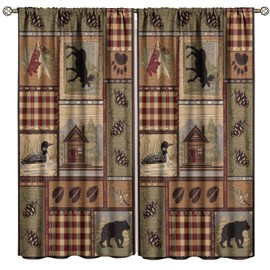 Cabin Curtains, Country Style Farmhouse Deer Bear Nature Forest Window Drapes for Bedroom Living Room 42" W X 45" L(No Blackout)