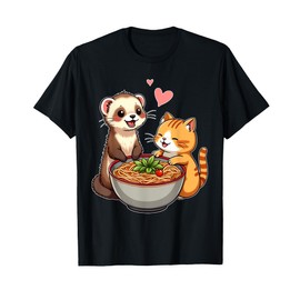 Kawaii Ferret and Cat Eating Ramen Cute Japanese Anime Style T-Shirt
