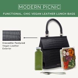 Modern Picnic Vegan Leather Medium Lunch Bag for Women, Cooler Lunch Bag for Girls, Easily Wipeable, Adjustable Shoulder Strap, Women’s Lunch Bags for Work/Office/Outdoor, Black As Seen on Shark Tank