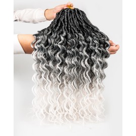Faux Locs Crochet Hair for Black Women- 24 Inches 8 Packs Pre Looped Ombre Grey to White Synthetic Hair Extensions, Soft Goddess Locs Braids with Long Deep Wave Curly Ends(112 Strands,Tgrey/613)
