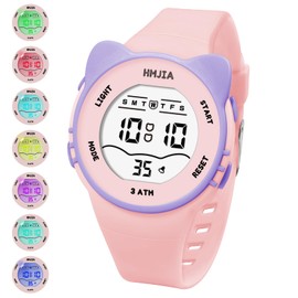 HMJIA Children's Watch Girls with Cat Motif Necklace Set 3ATM Waterproof Watch with Alarm Stopwatch LED Light Children's Watch Digital Birthday for 3-12 Years Girls, pink, Strap.