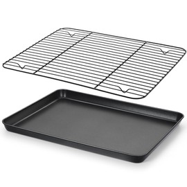 E-far Nonstick Baking Sheet with Rack Set, 16 x 12 x 1 inch Large Cookie Sheet Baking Pan with Cooling Rack for Oven, Commercial Grade & Non-Toxic, Easy to Clean