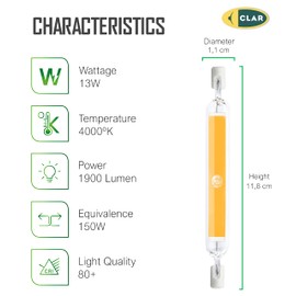 CLAR - R7S LED 118 mm, R7S LED 118 mm, R7S LED, LED stick, LED torch R7S, R7S 118 mm, R7S 118 mm LED, LED rod light, LED replacement for halogen rod, torch LED, 13 W 4000ºK (Pack of 5)