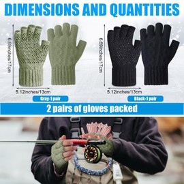 Geyoga 2 Pairs Wool Fingerless Fishing Gloves for Men Women Anti-Slip with Grip Dots Warm Winter Fly Ice Fishing Gloves(Black and Green,Fingerless)