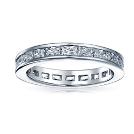 Simple Cubic Zirconia Channel Princess Cut CZ Stackable Wedding Band Eternity Ring For Women .925 Sterling Silver 2MM