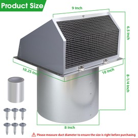 8 Inch Hooded Wall Vent with Screen and Damper, Wall Exhaust Vent Cover Cap for Exterior Ventilation and Outdoor Air Exhaust Kitchen Range Hood Dryer HVAC Duct, Galvanized Steel, Gray