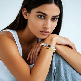 Chunky Gold and Silver Cuff Bracelets Sterling Silver Two Tone Open Bangles Double Layer Irregular Wave Hammered Texture Bracelet for Women