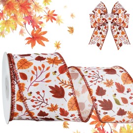 RIBBOOO Thanksgiving Day Wired Edge Ribbon, 2.5 Inch 10 Yard Maple Leaf Decorative Ribbon for Craft, Wreath Bow, Gift Wrapping, Party Decor