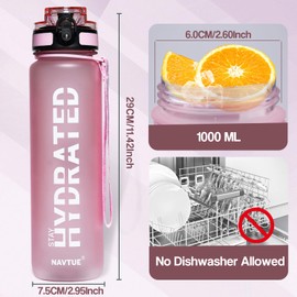 NAVTUE Water Bottle, 32oz Sports Water Bottles with Time Marker Wide Mouth, Motivational and Leakproof Drink Bottle, BPA Free Tritan with Carry Strap for Gym Fitness Outdoor (1 Bottle)