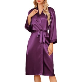Sopesil Women's Satin Dressing Gowns Long Ladies Kimono Morning Robes Bridal Soft Wedding Party Sleepwear V-Neck,Dark purple, M
