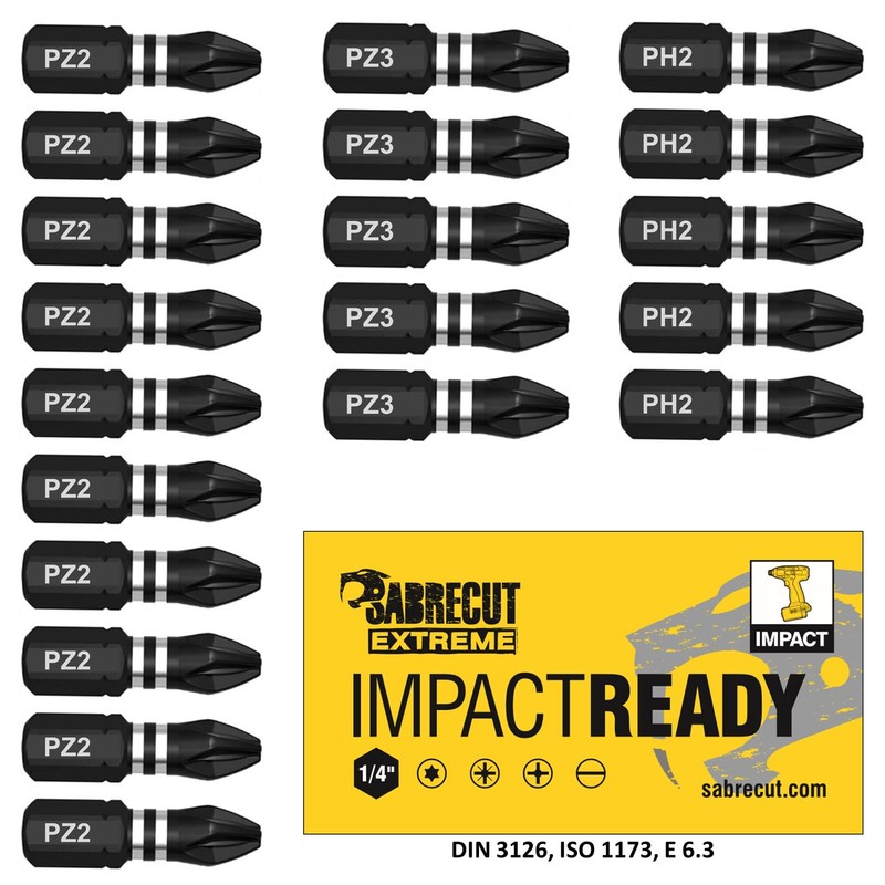 20 x SabreCut SCPB25_20 25mm PZ2 PZ3 PH2 Impact Screwdriver