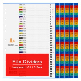 WORPSON A4 Plastic File dividers 31-Part Number 1-31 Tabs [5 Pack] Index Folder Subject File Dividers with Multi-Colour Plastic Waterproof Labels Reinforced 11-Holes for Office Home (5)