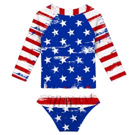 uideazone Girls Swimsuit Size 3T 4T American Flag 2 Piece Long Sleeve Rash Guard Bikini Set Swimwear for 3-4 Years Kids,Little Kid