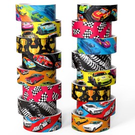Juego de cintas Washi para coche, 16 rollos con 8 diseños de dibujos animados, cinta decorativa con temática de carreras para diarios, manualidades, álbumes de recortes (1,5 x 3 m) bandera