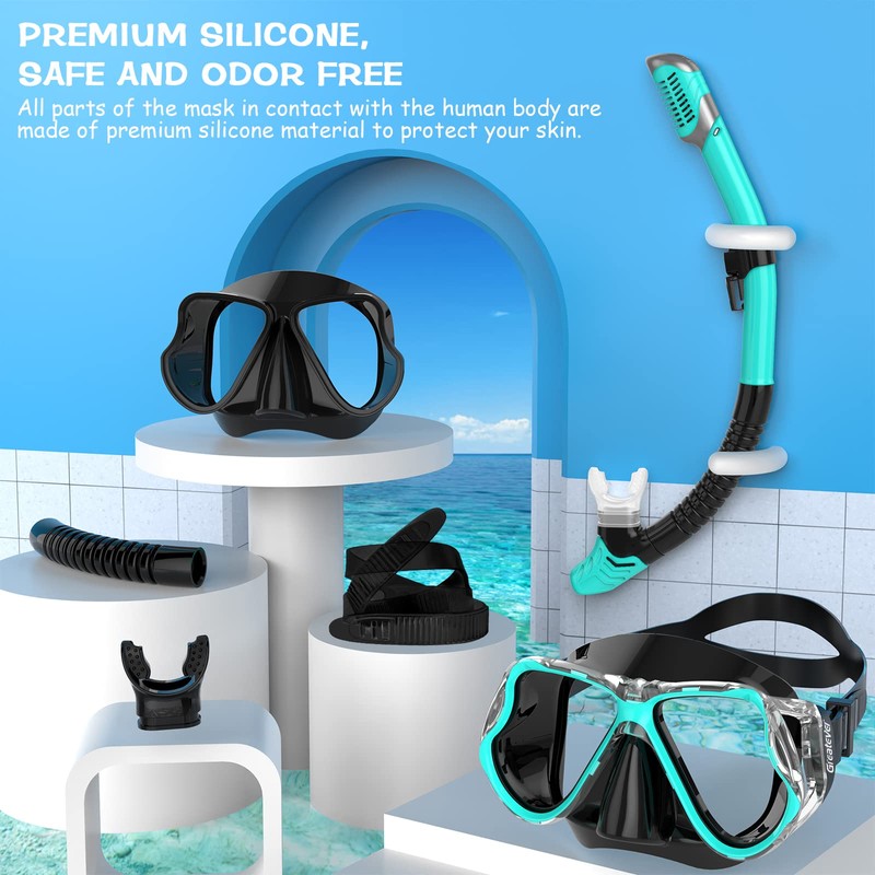 Greatever Dry Snorkel Set,Panoramic Wide View,Anti-Fog Scuba Diving Mask,Professional Snorkeling