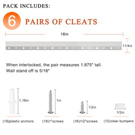 French Cleat Hanger 16 Inch - 6 Pairs, Z Bar Hanger Supports 60 Lbs, Interlocking Wall Mounting Bracket Hardware Kit for Hanging Mirrors, Picture, Shelf, Whiteboard, Art, Frames