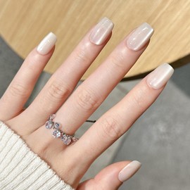 30Pcs Nude Square Press on Nails Short Cat Eye Fake Nails Glossy Acrylic Nails Shiny Glitter Glue on Nails White Nails Press ons Full Cover Stick on Nails for Women Girls Manicure 30 Pcs