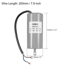 MECCANIXITY CBB60 Run Capacitor 50uF 250V AC 2 Wires 50/60Hz Cylinder 110x50mm with Terminal, M8 Fixing Stud for Air Compressor Water Pump Motor