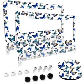 Blue Butterfly Gift License Plate Frames 2 Pack 2 Holes Aluminum License Plate Cover with 2 Pcs Car Coasters and Screw and Black Screw Caps for Girl Women Men Gifts