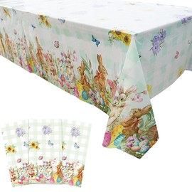 Muswarm 3 Pcs Easter Tablecloths, Disposable Plastic Table Cover for Party Dinner Decor, 54 x 108 Inch Rectangular(Bunny Floral Eggs)