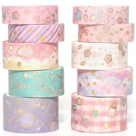 YUBX 10 Rolls Washi Tape Set, Masking Tape, Gold Foil Decorative Tapes, Colourful Tape for Art, DIY Crafts, Diary, Planer, Scrapbook, Packaging (Cute Sweety)
