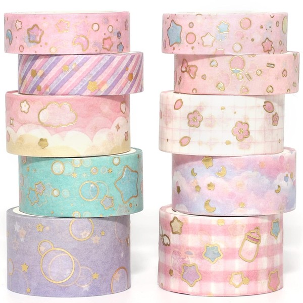 YUBX 10 Rolls Washi Tape Set, Masking Tape, Gold Foil