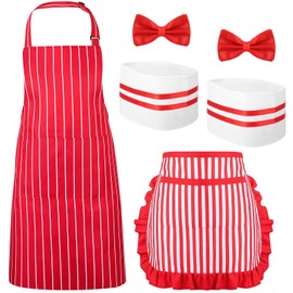 XLSXEXCL 6 Pcs 1950s Waiter Couple Costume Kit, Hot Dog Popcorn Costume, Soda Jerk Costume, Red and White Striped Apron, Chef Hat, Red Bow Ties Adjustable for Couple 50s Costume Cosplay Party
