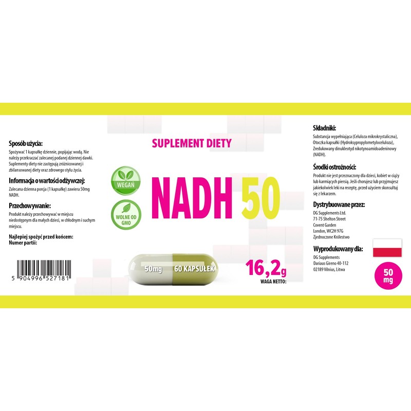 NADH 50 mg 60 Vegan Capsules, Laboratory Tested, High Dosage,