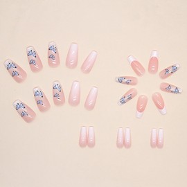 Press on Nails Square Medium Length Artificial Acrylic Fake Nails with Blue Butterfly Design, Full Cover Reusable Coffin Gradirnt Pink False Nails, DIY Stick on Nails for Women, Glue on Nails for Set