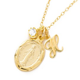 K14GF Initial Necklace with Virgin Mary Medal & Zirconia Charm for Women, Gold, Amulet, Comes with Jewelry Box, Gift, Present, Accessories Salt, Metal, Cubic Zirconia