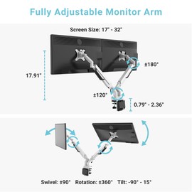 Progressive Desk Dual Monitor Arm - Gas Spring - Fits 17"-32" Monitors - 360° Rotation - Arm Holds Up to 40 lbs - VESA and Grommet Mount