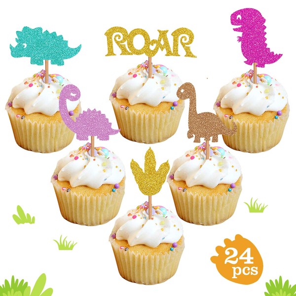 Baby Dinosaur Cupcake Toppers, Glitter Dinosaur Cupcake Toppers for Kids Birthday Baby Shower Party Decorations Supplies (24 Pack)