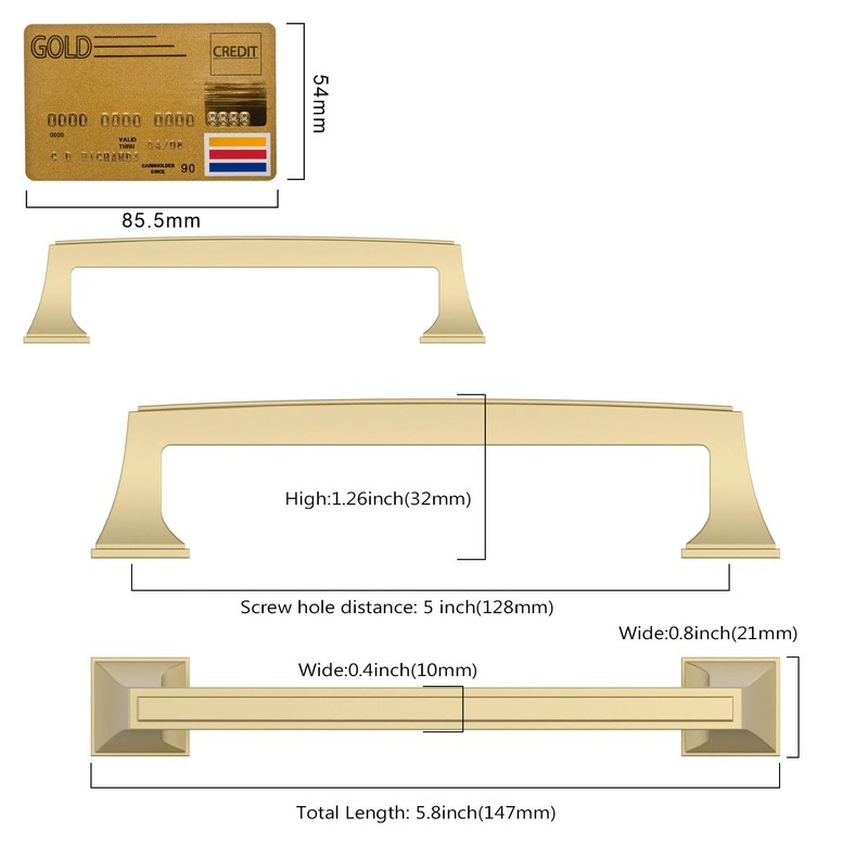 Amerdeco 10 Pack Brushed Gold Cabinet Pulls 5 Inch(128mm) Hole