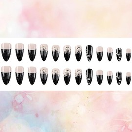 LOPMNGHT Black French Press on Nails Medium Almond Flower False Nails with Rhinestones Glitter Powder Design Artificial Stick on Nails Full Cover Acrylic Coffin Nails Reusable Glue on Nails for Women