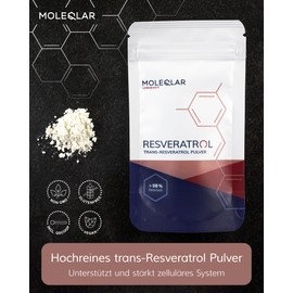 MoleQlar Resveratrol Powder - Dietary Supplement from Innovative Yeast Fermentation - 500 mg Resveratrol per Serving - Over 98% Purity (100 g)