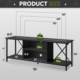 WLIVE TV Stand up to 65 Inch TV, 55" Entertainment Center, Industrial TV Console with Open Storage Shelf for Living Room and Bedroom, Black