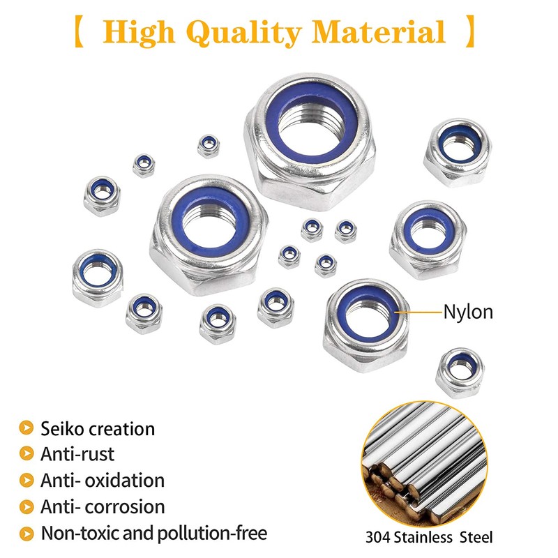 YIYICO Self-Locking Nuts Assortment Hex Nuts Locking Nuts 200 Pieces