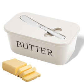 Butter Dish with Lid and Knife, Airtight Covered Plastic Butter Container, Butter Keeper for Countertop and Fridge (White, Middle)