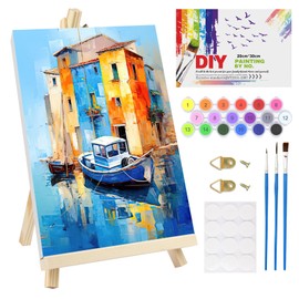 NAIMOER City Paint by Numbers for Adults, Framed Painting by Numbers for Adults Canvas, Seaside Oil Painting for Beginner Wooden Easel Brushes, Acrylic Paint Set Home Decor 20X30cm