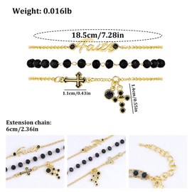 Gold Faith Cross Charm Link Bracelets for Women Vintage 3pcs Round Cubic Zirconia Cross Bracelet Set Black Faceted Glass Beaded Bracelet Adjustable Gothic Cross Pendant Bracelet Religion Jewelry Gift