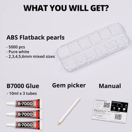 5000Pcs Flatback Pearls for Crafting Bedazzling White, Mix 2/3/4/5/6mm Half Pearl Beads Flat Back for Crafts Clothing Tumbler Shoes Scrapbooking Charms Wedding Gown Glasses Boots with B7000 Glue