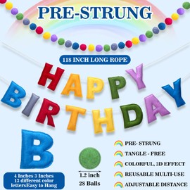 Mindsoft 2 Pcs 118 Inch Pre Strung Happy Birthday Felt Fabric Banner Felt Ball Garland Reusable Natural Handmade Felt Letters & Balls Happy Birthday Sign for Birthday Party Decor (Rainbow Color)