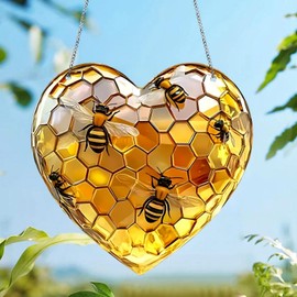 1pcs Honeycomb Heart Suncatcher,2D Window Sun Catcher,Bee Sun Catchers for Windows,Stained Glass Window Hangings,Hanging Decorations for Home,Bee Lover Window Decorations,Garden Hanging Ornaments