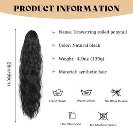 XFSRG Lange Pferdeschwanz Haarteil Extensions Wellig Lockig Haarextension Synthetik Zopf Haarverlängerung mit Kordelzug Haarteil Ponytail für Damen（Schwarz/66CM）